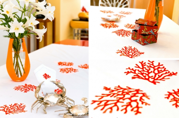 Rectangle coral embroidered table cloth (350x180cm) - include 12 napkins